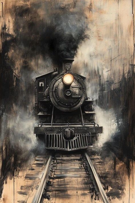 Vintage Train Canvas Print in Expressionist Style Dramatic Black and Gold Wall Art Home Decor Custom Artwork by CustomCanvasCurators 🚂 All aboard the nostalgia train! 🚂 This stunning vintage train canvas print is a must-have for anyone who loves a touch of intrigue in their home decor. The bold colors, striking contrasts, and dramatic ambiance make it the perfect conversation starter and a captivating focal point for any space. Whether you're an art collector or just looking to enhance your... Train Murals Wall Art, Industrial Paintings Art, Train Painting Acrylic, Black And Gold Wall Art, Train Artwork, Industrial Artwork, Black And Gold Wall, Space Train, Train Vintage