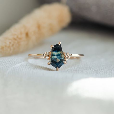 Asymmetric ring with Teal Sapphire, Sapphire and diamond cluster ring in Rose gold 14K Engagement Rings Asymmetrical, Asymmetrical Rings, Asymmetric Ring, Blue Green Sapphire Ring, Asymmetrical Ring, Blue Green Sapphires, Teal Sapphire, Green Rings, Green Sapphire