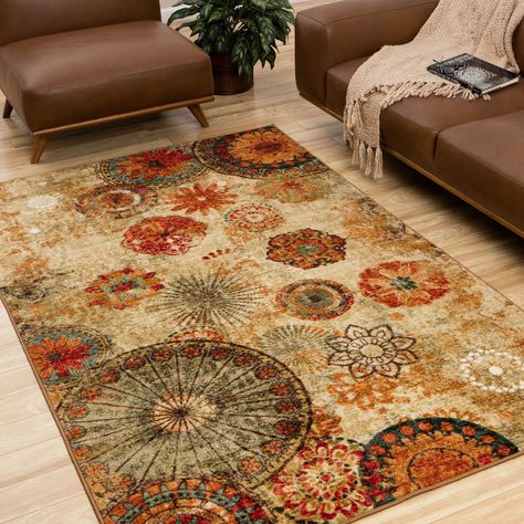 Mohawk Home Strata Caravan Medallion Area Rug (7'6 x 10') (Medallion), Brown, Size 8' x 10' (Nylon, Floral) Luxury Area Rugs, Medallion Area Rug, Area Rug Sets, Flower Rug, 6x9 Rugs, Warm Colour Palette, Beige Carpet, Rug Gallery, Orange Area Rug