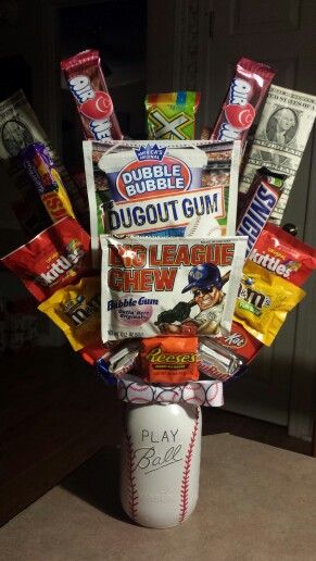 "Ball" mason jar candy bouquet No Reason Gifts For Boyfriend, Senior Night Candy Gifts, Baseball Candy Bouquet, Mason Jar Candy Bouquet, Baseball Gift Basket, Baseball Boyfriend Gifts, Boyfriend Baseball, Candy Baskets, Coaches Gifts