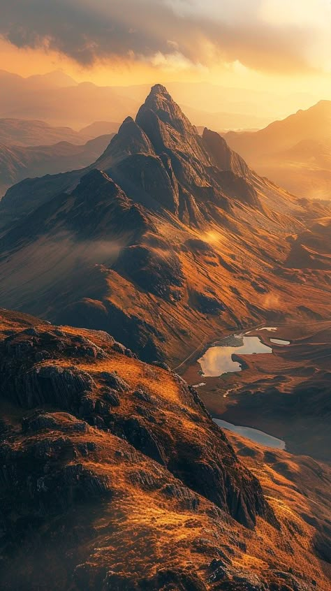 Majestic Mountain Sunset: Golden hour illuminates the rugged peaks as the sun sets over the serene mountain landscape. #mountain #sunset #landscape #golden #peaks #aiart #aiphoto #stockcake ⬇️ Download and 📝 Prompt 👉 https://ayr.app/l/rWh1 Mountain Landscape Photography Horizontal, Mountain Reference, Mountain Collage, Brown Mountains, Digital Landscape Painting, Underground Aesthetic, Mountain Sunset Landscapes, Landscape Reference Photos, Plains Landscape