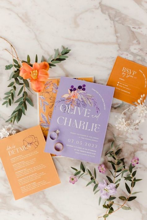 A Chic Styled Shoot with a Lilac and Orange Colour Palette ~ WedLuxe Media Lavender And Tangerine Wedding, Pink Orange Lavender Wedding, Terracotta Lavender Wedding, Lavender And Orange Wedding Theme, Rust And Lilac Wedding, Lilac Orange Wedding, Lilac Wedding Palette, Wedding Invitations Colourful, Colourful Wedding Stationery