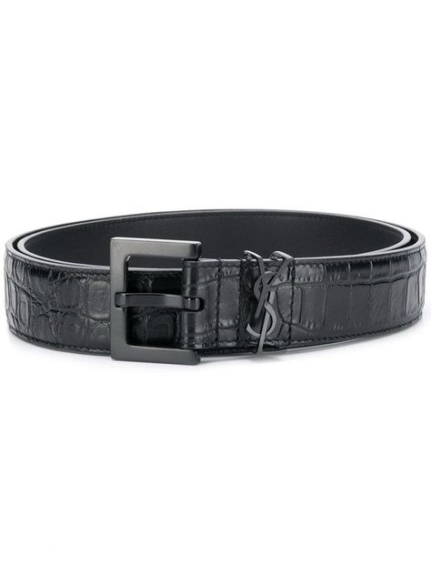 SAINT LAURENT crocodile-effect monogram belt. #saintlaurent Crocodile Belt, Designer Belts, Black Leather Belt, Belt Black, Monogram Logo, Black Belt, Mens Belts, Embossed Leather, Calf Leather