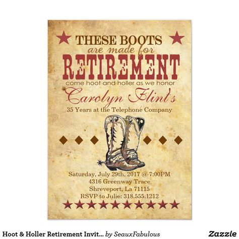 Hoot & Holler Retirement Invitation Cowgirl Retirement Party, Western Theme Retirement Party, Western Retirement Party, Yellowstone Party, Country Western Parties, Retirement Party Themes, Goodbye Party, Cowboy Theme Party, Retirement Invitation