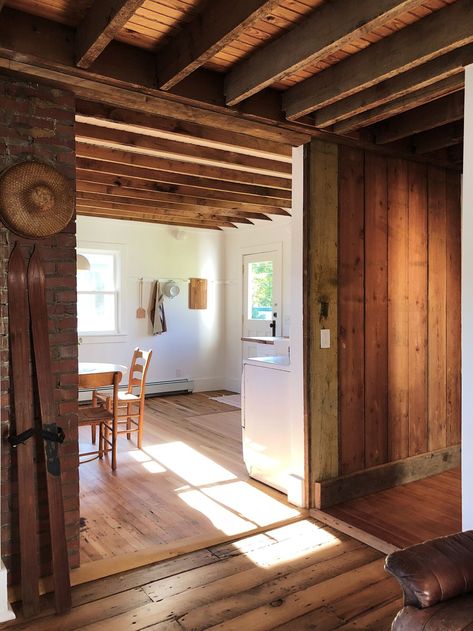 Homestedt: Two Catskills Cabins by a Nature-Minded Design Couple (Available to Rent) - Remodelista Cabin Tile Floor, Cabin Ceiling Ideas, Barndominium Cabin, Cabin Ceiling, Reclaimed Wood Countertop, Penny Tile Floors, Valley House, Cart Coffee Table, Claw Foot Bath