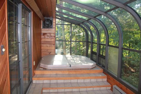 Hot Tub On Terrace, Sunroom Hot Tub Ideas, Greenhouse Hot Tub, Hot Tub Greenhouse, Hot Tub Sunroom, Sunroom With Hot Tub, Outdoor Hot Tub Ideas, Conservatory Inspiration, Greenhouse Addition