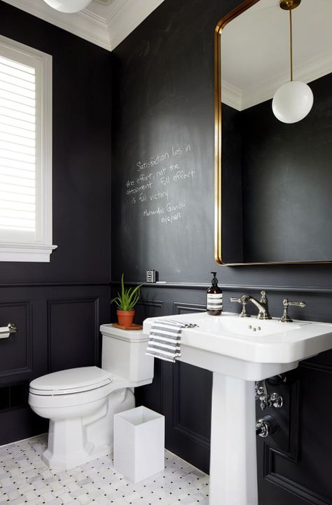 Black Powder Room, Crown Point Cabinetry, Black Chalkboard Paint, Mixing Metals, Small Home Offices, Transitional Bathroom, Black Chalkboard, Chalkboard Wall, Room Transformation