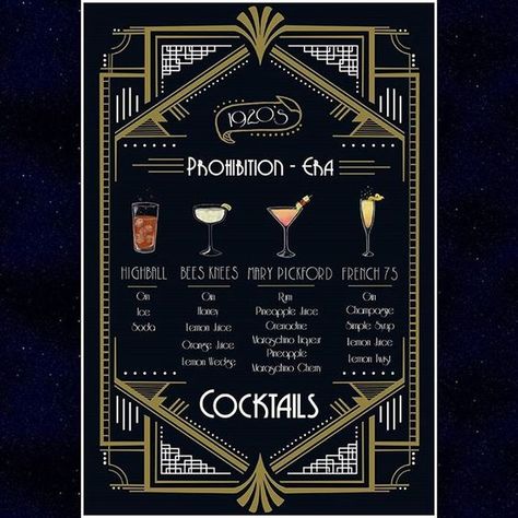 Gatsby Party Cocktails, Party Like Gatsby Food, 1920 Prohibition Party, Great Gatsby Party Cocktails, 1920 Party Invitations, Roaring 20s Drinks, Great Gatsby Drinks Cocktails, Gatsby Party Drinks, Art Deco Infographic