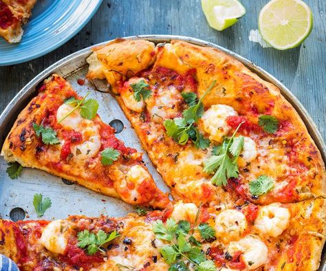 Prawn Pizza, Grilled Romaine Lettuce, Seafood Pizza Recipes, Beetroot Relish, Seafood Pizza, Grilled Romaine, Cherry Tomato Sauce, Roasted Pear, Fennel Salad