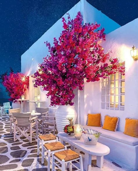 Santorini Backyard Ideas, Greek Style Home, Mykonos Style, Greek Cafe, Greek Garden, Paros Island, Paros Greece, Travel Magazine, Cafe Interior Design