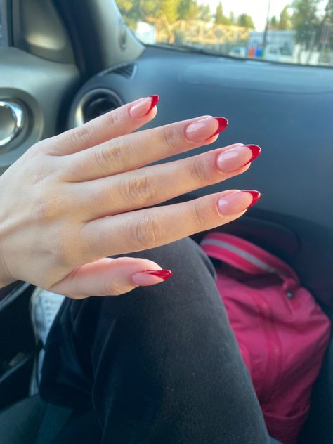 French Tip With Red Accent, French Red Almond Nails, Oval Nails Red French, Alana Galtieri Nails, Almond French Tip Nails Color Winter, Red Ball Nails, Ruby Red French Tip Nails, Nail Inspo For Red Prom Dress, Red Oval French Tip