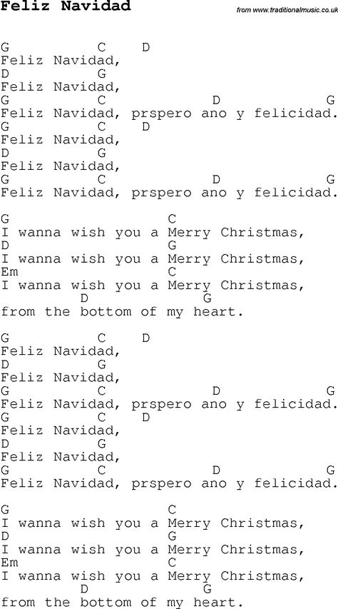 Christmas Songs and Carols, lyrics with chords for guitar banjo for Feliz Navidad Christmas Songs Chords, Christmas Guitar Chords, Ukulele Christmas Songs, Christmas Songs On Guitar, Guitar Songs With Chords, Christmas Ukulele Songs, Easy Guitar Songs Chords, Christmas Chords, Akordy Na Ukulele