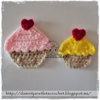 Cupcake Applique Motif By Janet Carrillo - Free Crochet Pattern - (damnitjanetletscrochet.blogspot) Crochet Cupcake, Crochet Applique Patterns Free, Crochet Embellishments, Crochet Food, Applique Pattern, Crochet Applique, Applique Patterns, Crochet Hook Sizes, Be Great