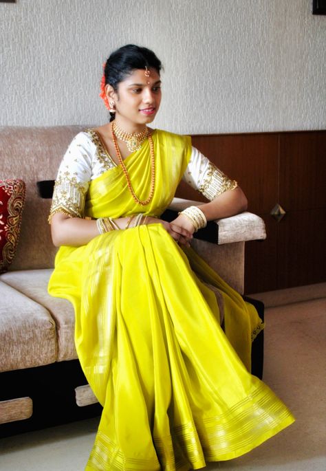 Lemon yellow pure mysore silk saree with white contrast blouse Yellow Saree Matching Blouse, Crape Silk Saree Blouse Designs, Lemon Yellow Blouse Design, Lemon Yellow Saree With Contrast Blouse, Ksic Mysore Silk Saree Blouse Designs, Yellow Saree With Contrast Blouse, Mysore Silk Saree Styling, Mysore Silk Saree Blouse Designs, Ksic Saree