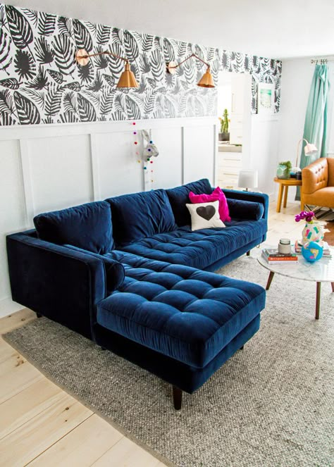 Tufted Blue Velvet Sofa Living Room via A Subtle Revelry | navy velvet sofa, blue sofas, navy sofas, dark blue sofas, blue sofa tufted home design, living room sofas, blue sofa apartment #bluesofas Sofas Ideas Living Room, Blue Sofa Living, Cozy Apartment Living Room, Blue Couch Living, Blue Sofas Living Room, Velvet Sofa Living Room, Blue Couch Living Room, Living Room Reveal, Blue Couch