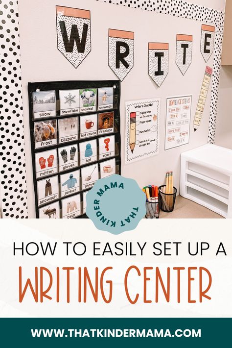 A writing center is a super easy, low prep center your students can use all year long. This low maintenance center is the perfect opportunity for students to practice writing in a low risk setting all year long. Follow the link to ThatKinderMama's blog to learn four explicit examples on how to set up a writing center in YOUR classroom! Classroom Theme Kindergarten, Activities Kindergarten Ideas, Writing Activities Kindergarten, Kindergarten Writing Center, Teaching Aesthetic, Writing Center Ideas, Writing Center Preschool, Decoration Kindergarten, Kindergarten Classroom Themes