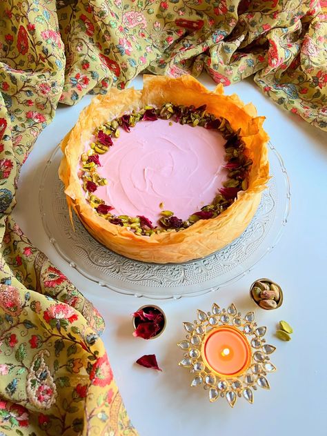 Baklava Rose Cheesecake - Chand's Kitchen Rose Cheesecake, Pink Cheesecake, Baklava Cheesecake, Chocolate Melting Wafers, Springform Pan Cake, Bengali Food, Diwali Sweets, Pink Food Coloring, Indian Dessert Recipes