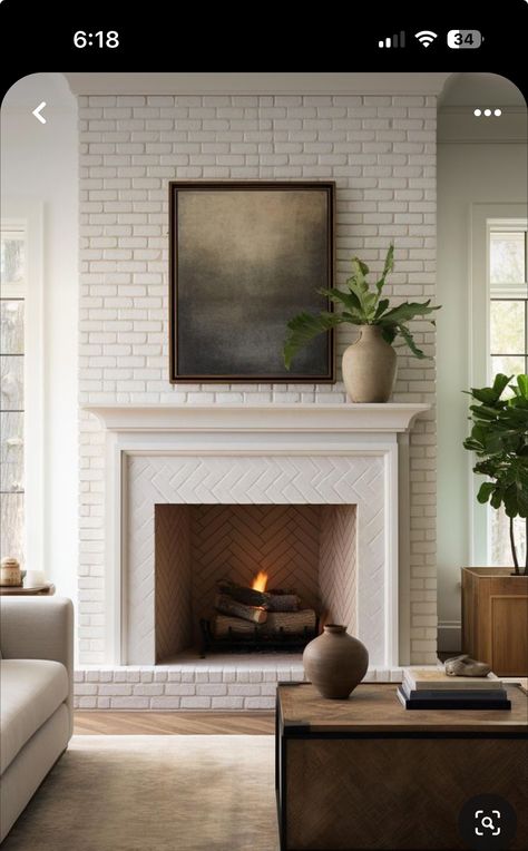 White Washed Brick Fireplace, Paint Brick Fireplace White, Fireplace With Candles, Brick Fireplace Decor, White Wash Brick Fireplace, Elizabeth House, White Mantle, White Brick Fireplace, Room 2023