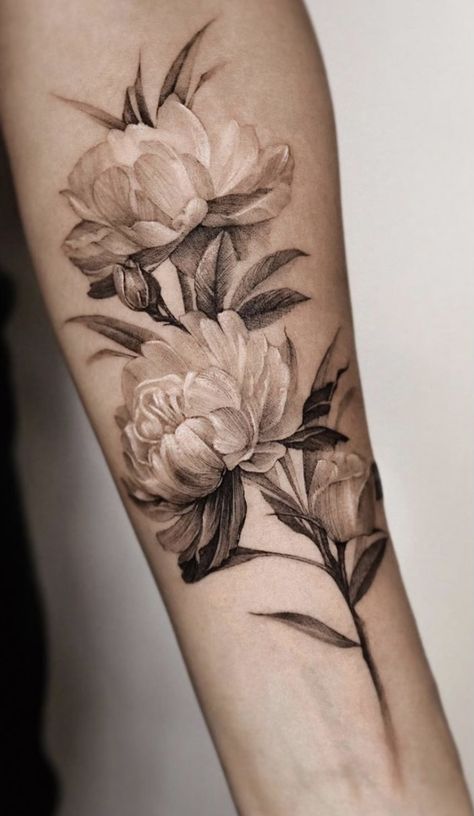 Realistic Flower Tattoo Sleeve, Dhalia Tattoo Designs, Unique Tattoo Locations, Moss Rose Tattoo, Peony Vine Tattoo, Realistic Peony Tattoo, White Orchid Tattoo, Three Flower Tattoo, Bramble Tattoo