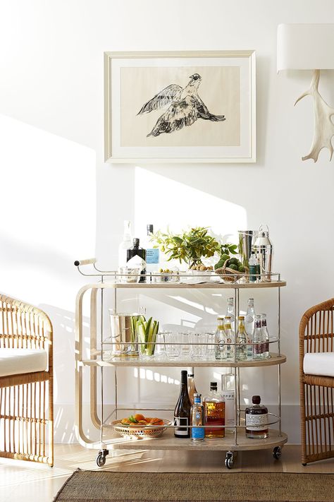 Is it happy hour yet? Made of bleached wood and a leather wrapped handle, the bar cart looks at home in town and country. Shop the Brays Bar Cart designed by Beth Webb for Arteriors at 2Modern. Bar Cart Inspo, Beth Webb, Wood Bar Cart, Modern Bar Cart, Bar Cart Styling, Bleached Wood, Luxury Furniture Brands, Arteriors Home, Wood Bar