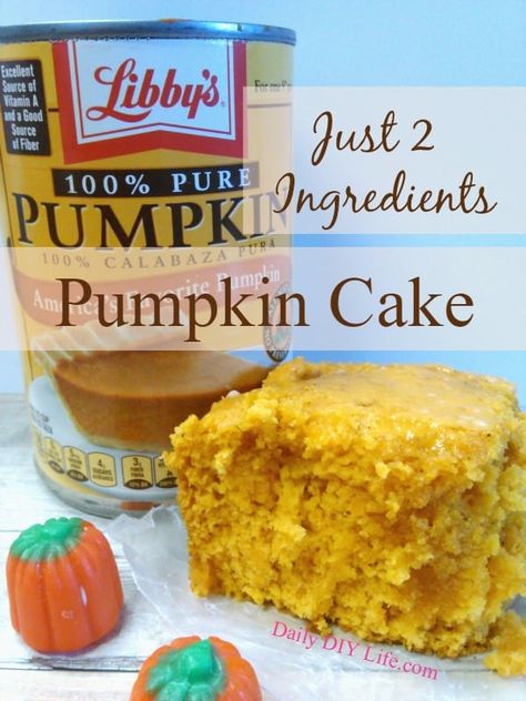 Moist and delicious Pumpkin Cake recipe using only 2 ingredients! A fantastic fall dessert packed with tons of flavor! : DailyDIYLife.com Easy Desserts 2 Ingredients, Diy Easy Desserts, Moist Pumpkin Cake, 2 Ingredient Cakes, Pumpkin Cake Recipe, Pumpkin Dump Cake Recipe, Canned Pumpkin Recipes, Pumpkin Muffins Easy, 2 Ingredient Recipes