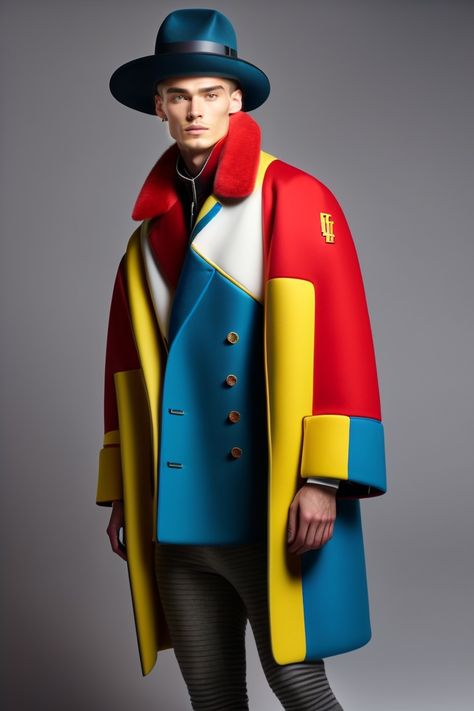 Unusual menswear design red yellow blue white Japanese Lookbook, Queer Formal, Avant Garde Fashion Male, Unusual Fashion, Formal Streetwear, Menswear Design, Tuxedo Shirt Men, Unusual Clothes, Pop Art Fashion