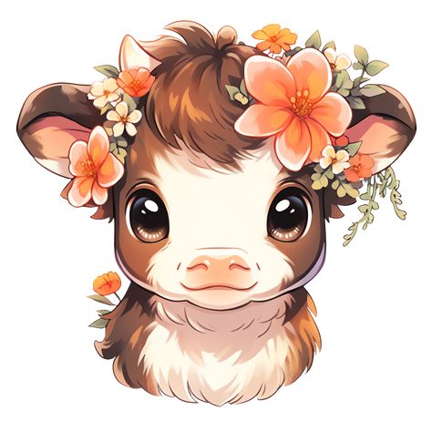 Cute Kawaii Cottagecore Baby Cow in Summer Flowers in Rustic Colors Sticker Cute Cow Pictures Cartoon, Cute Illustration Stickers, Cute Whimsical Drawings, Animals With Flowers Drawing, Kawaii Farm Animals, Cute Cow Design, Kawaii Animal Art, Cute Cow Drawing Cartoons, Cute Clipart Aesthetic