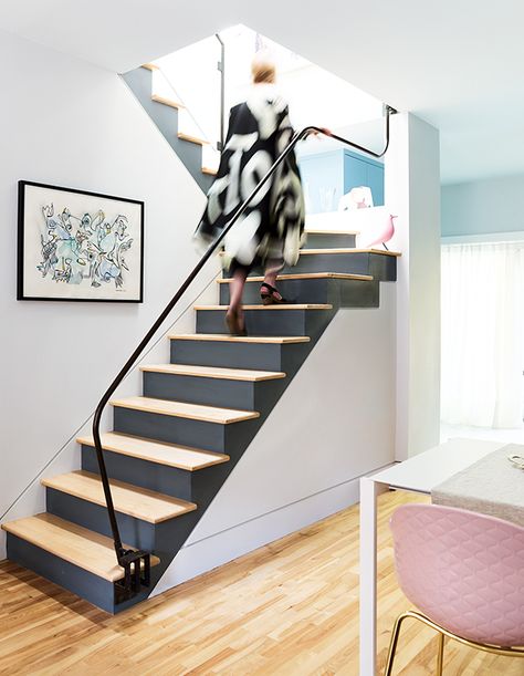 House & Home - 25+ Ideas That Will Take Your Stairs to New Heights Colored Stair Risers, Black Stair Risers Stairways, Black Risers On Stairs, Black Stair Risers, Loft Spaces Upstairs, Painted Stair Risers, Renovation Hacks, Transitional Staircase, Stairs Decor