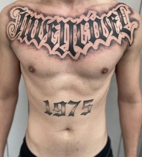 Chest Lettering Tattoo Men, Belly Tattoo Men, Chest Tattoo Name, Chest Tattoo Fonts, Chest Tattoo Lettering, Tato Nama, Tattoo Peito, Word Tattoo Designs, Full Chest Tattoos