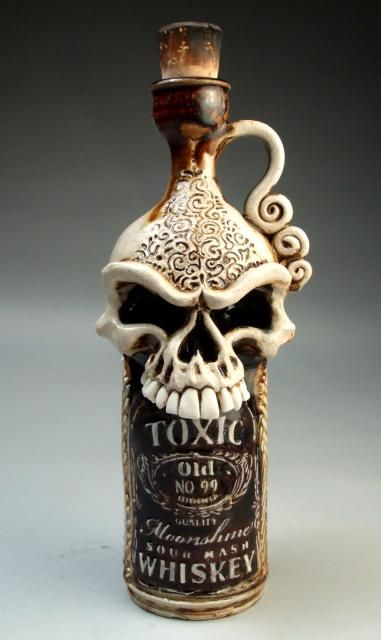 thefabulousweirdtrotters:  Toxic Moonshine Whiskey Bottle - Grafton Pottery معطر جو, Moonshine Whiskey, Skull Bottle, Goth Decor, Clay Work, Altered Bottles, A Skull, Potion Bottle, Skull And Bones