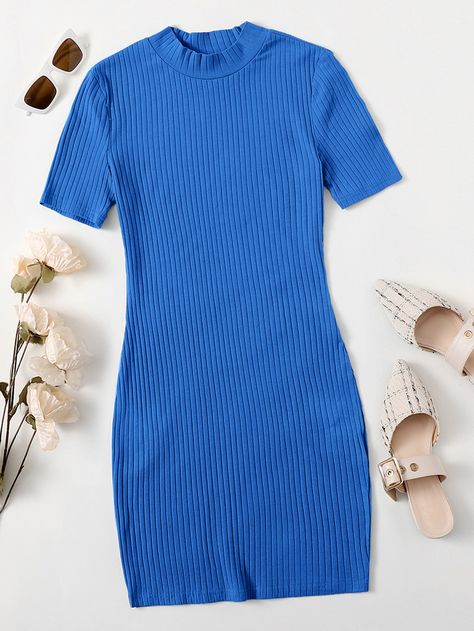 Solid Rib-knit Bodycon Dress | SHEIN Navy Blue Dress Casual, Shoulder Pad Dress, Ribbed Knit Bodycon Dress, Belted Wrap Dress, Flounce Hem Dress, Split Hem Dress, Green Dress Casual, Outfit Styling, Pink Dress Casual