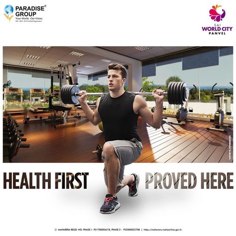 "Health First. Proved Here."  Sai World City by Paradise Group at Panvel - 2, 2.5, 3 & 4 BHK Homes 5 minutes from Navi Mumbai International Airport  To know more, visit saiworldcity.co.in  #ParadiseGroup #SaiWorldCity #Panvel #RealEstate #NaviMumbai #LuxuryHomes #Residential Gym Creative Ads, Gym Creative, Mumbai International Airport, Paradise Group, Hotel Ads, Real Estate Marketing Design, Entrance Lobby, Real Estate Ads, Luxury Flats