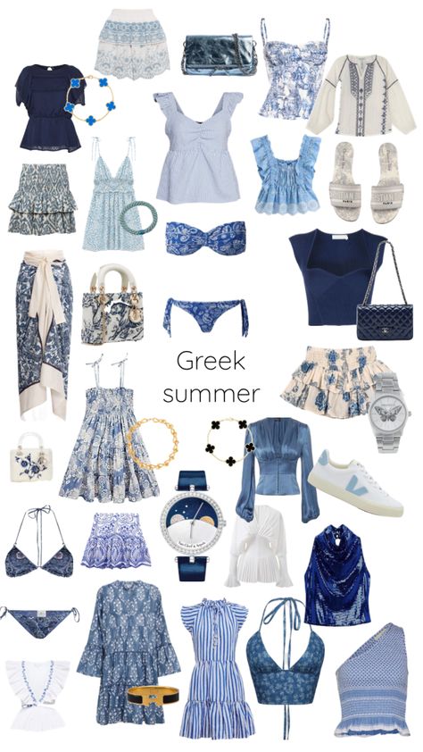 Greek summer pieces #greece #greekaesthetic #greeksummer #summer #summerbasics #stockholmstyle #aesthetic #greeceaesthetic #love #blue #white #gold #pretty #stockholm #greek #fashion #cute #greece Greece Summer Outfits, Beachy Girl Aesthetic, Greek Outfit, Beach Aesthetic Outfits, Abba Outfits, Greece Outfit, Greek Summer, Summer Pieces, Summer Holiday Outfits