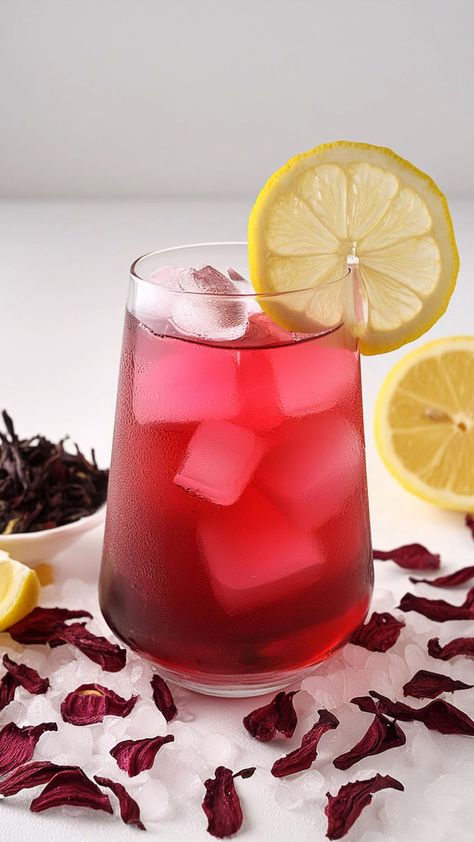 Rose Hibiscus Iced Tea is a beautifully aromatic and refreshing beverage, combining the tartness of hibiscus tea with the delicate sweetness of rose syrup. Served over ice and garnished with a rose petal and lemon wheel, it’s a perfect drink for a warm day. Rose Iced Tea, Hibiscus Tea Aesthetic, Hibiscus Tea Drinks, Tea Mocktail, Hibiscus Iced Tea, Hibiscus Drink, Ice Lemon Tea, Edible Rose Petals, Rose Syrup