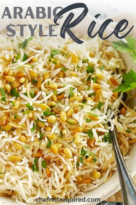 I will show you how to make vermicelli rice, also known as Arabic rice and Egyptian style rice! This quick and simple white rice pilaf recipe uses basmati rice along with golden fried vermicelli pasta (angel hair pasta) to give you rich and flavourful rice in only a few minutes more than plain boiled rice. Lovely separate grains of fluffy rice topped off with pine nuts and parsley. #chefnotrequired #arabicrice # vermicellirice #egyptianrice #vermicellipasta #angelhairpasta Vermicelli Rice Recipes, Arabic Rice Recipes, Flavourful Rice, Pasta Angel Hair, Basmati Rice Pilaf, Arabic Rice, Turkish Rice, Flavoured Rice, Vermicelli Pasta