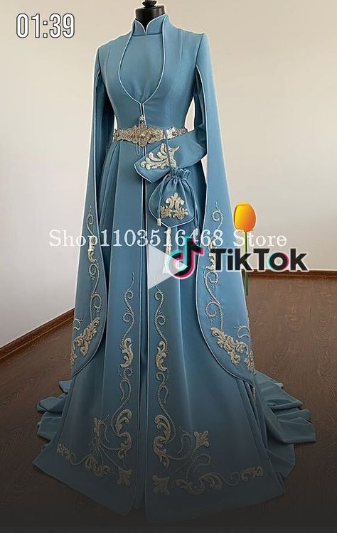 ** Chelsea Ethnic Muslim Caftan Wedding Dress Sky Blue Long Sleeve Gold Embroidered Beaded Russian,