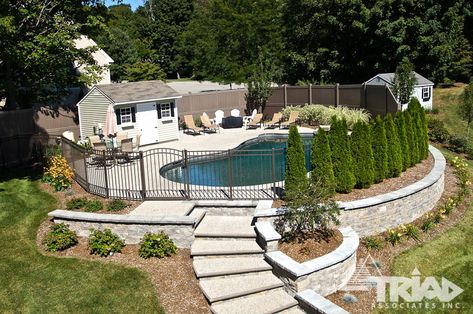 Pool Hardscape Ideas, Pool Hardscape, Pool Retaining Wall, Landscaping Around Pool, Pool Landscaping Ideas, Hardscape Ideas, Inground Pool Landscaping, Pools Backyard Inground, Sloped Yard