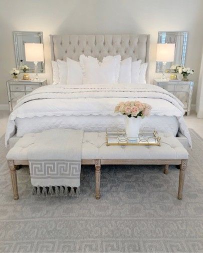 Master Bedrooms Decor With Tv, Grand Melinnial Style Bedroom, Tufted Headboard Bedroom Master Suite, Neutral Bedroom Wallpaper, Elegant Master Bedrooms Decor, Teenage Room Decor, Amazing Bedroom Designs, Feminine Bedroom, Glam Bedroom