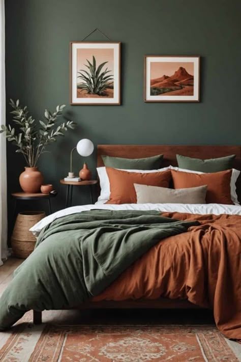 Sage Green Bedrooms, Green Comforter Bedroom, Serenity Bedroom, Burnt Orange Bedroom, Olive Green Bedrooms, Japanese Inspired Bedroom, Sage Bedroom, Green Bedrooms, Sage Green Bedroom