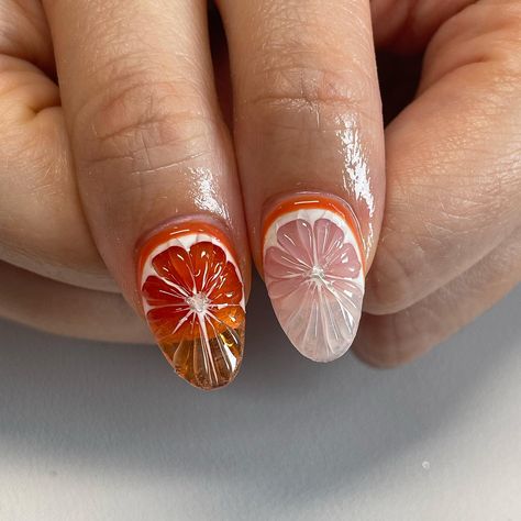 Fruity nails 😋 tiktok saw it first Ib: @cherrypressednails Orange Fruit Nail Art, Passionfruit Nails, Orange Nails Fruit, Orange Slice Nails, Syrup Nails, Fruity Nails, Nails Tiktok, Fruit Nail Art, Orange Slice