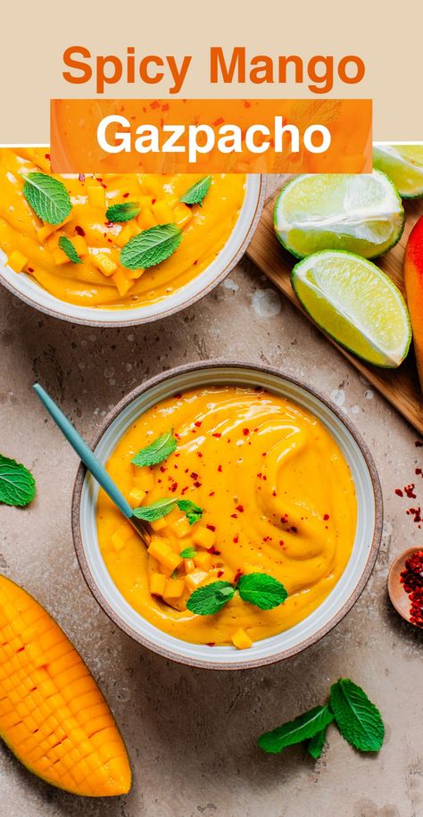 Best Gazpacho Recipe, Mango Gazpacho, Gazpacho Recipes, Tropical Appetizers, Mango Soup, Cucumber Gazpacho, Mango And Avocado, Cold Soup Recipes, Fresh Appetizers