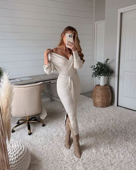 Long Dress With Boots, White Sweater Dress Outfit, Sleeve Boots, Sweater Dress Outfit Winter, Wrap Dress Outfit, Cream Sweater Dress, Midi Dress Outfit, Wrap Dress Midi, White Sweater Dress