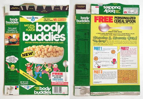 Vintage 1979 General Mills Body Buddies Cereal Box Series 14 Spoon | by gregg_koenig Cereal Packaging, Cereal Boxes, Fun Memories, General Mills, Culture Food, Vintage Packaging, Nutrition Information, Fruit Flavored, School Days