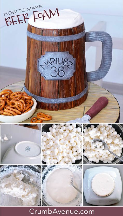 free, tutorial, how to make, step by step, pictorial, marshmallows, beer foam, cake, sugar craft, cake decorating, fondant, mug, cake for him, men, man, Crumb Avenue Beer Mug Cake, Cakes Decorating, Beer Cake, Cake Topper Tutorial, Adult Birthday Cakes, Beer Birthday, Birthday Cakes For Men, Plum Cake, Cakes For Men