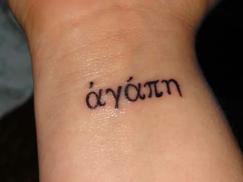 Love it in greek letters <3  Agape - unconditional love in greek. My sister has this on her foot and I love it. Agape Greek, Love In Greek, Agape Tattoo, Greek Symbol Tattoo, Greek Writing, Greek Tattoo, Sister Tattoo, Omerta Tattoo, Foot Tattoos For Women