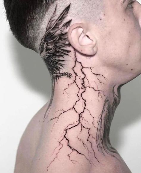 Thunder Tattoo Neck, Lightning Tattoo Neck To Shoulder, Neck Tattoo Lightning, Lightning Tattoo Shoulder, Blitz Tattoo, Lightning Tattoo, Bolt Tattoo, Side Neck Tattoo, Small Chest Tattoos