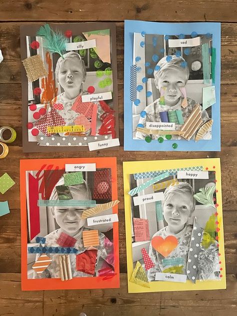 Preschool Art Mediums, Collage For Kindergarten, Preschool Collage Art, Preschool Photography Activities, Art Show Preschool, Kindergarten Portraits Art Projects, Preschool Collage, Self Portrait Art For Kids, Kindergarten Self Portrait Art Project