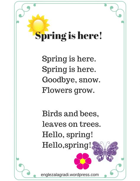 English spring poems Poem On Spring Season, Spring Songs For Kids, Spring Poems For Kids, Short Poems For Kids, Kids Songs With Actions, Kindergarten Poems, Preschool Poems, English Poems For Kids, Spring Poem