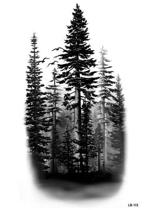 Dark Forest Tattoo, Evergreen Tattoo, Forest Tattoo Sleeve, Forest Forearm Tattoo, Natur Tattoo Arm, Rip Tattoos For Mom, Tree Silhouette Tattoo, Scenery Tattoo, Rabe Tattoo