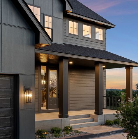 James Hardie Iron Gray Pre-finished siding makes this Parade Home sparkle. A dark grey color, with a tint of green, like iron freshly cut or broken. James Hardie's line of ColorPlus® Technology siding, which comes pre-finished in an artful array of durable. @Jameshardie @Kootenia James Hardie Iron Gray, Hardie Siding, James Hardie, Dark Grey Color, Grey Color, House Colors, Home Remodeling, Dark Grey, Siding